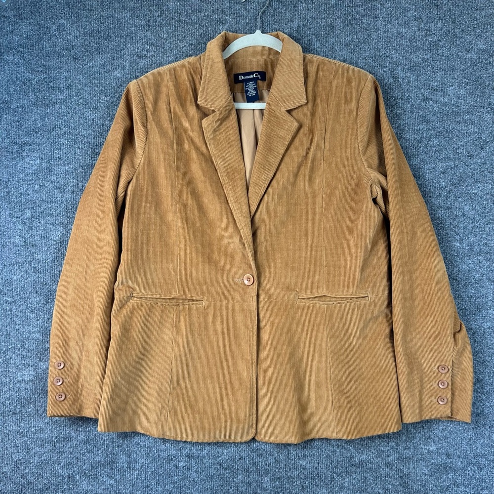 Denim & Co Women's‎ Jacket Tan Corduroy Sz L Autumn 90s Fall One Button Blazer